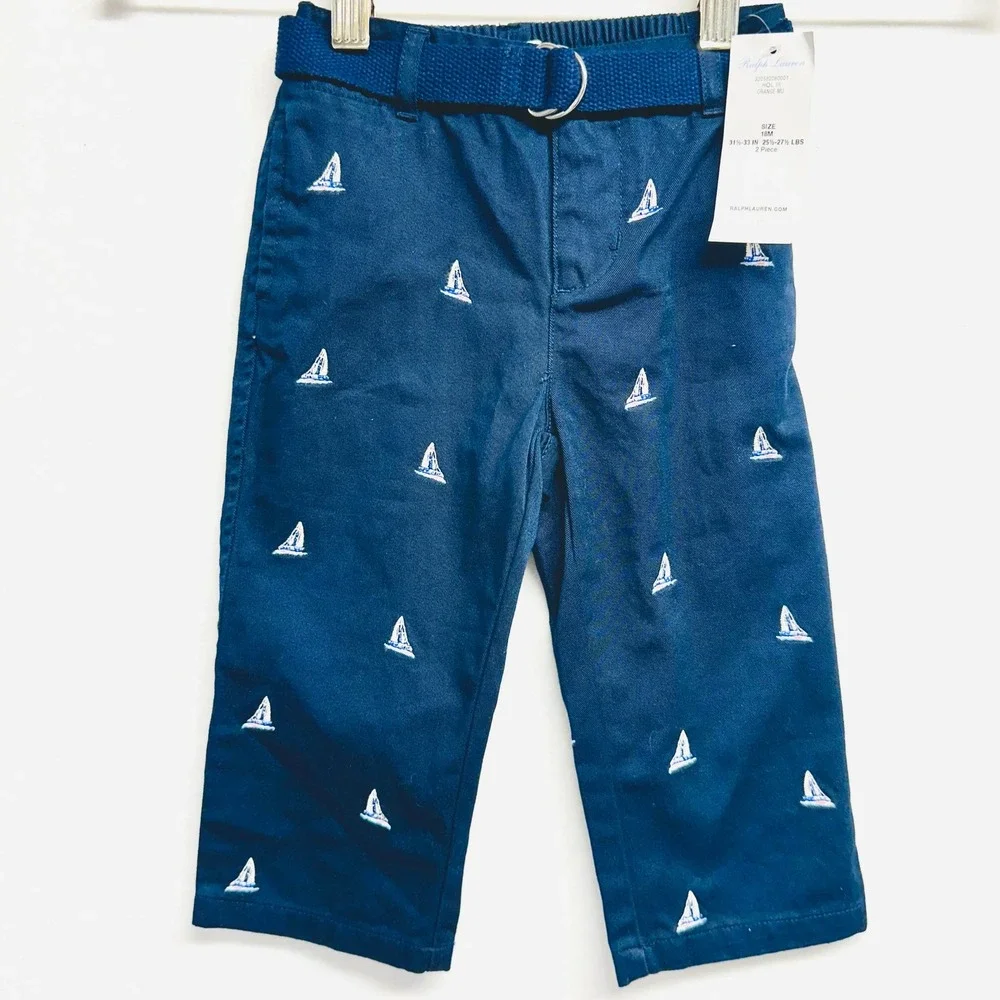 Ralph Lauren Chino Pants Kids 18M Navy Blue Sailboat Embroidered Belted